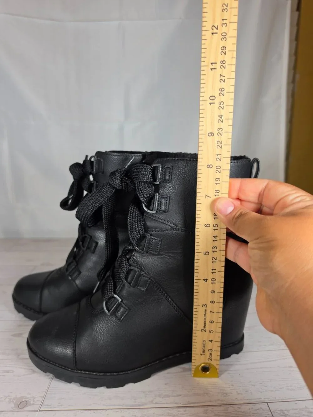 Universal Thread Black Ankle Boots Size 6.5 Lace Up Buckle Faux Leather Wedge